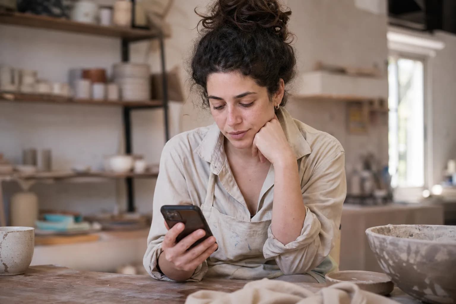 A small business owner planning how to write a hook for a short marketing video on her smartphone.