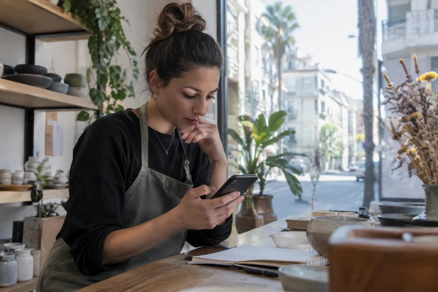 A small business owner checks her phone for the best times to post Instagram Reels.