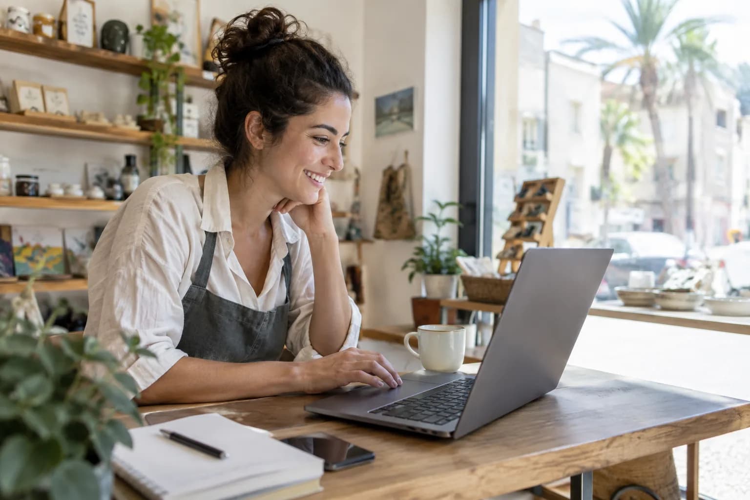 A small business owner managing their business Facebook page from a laptop.