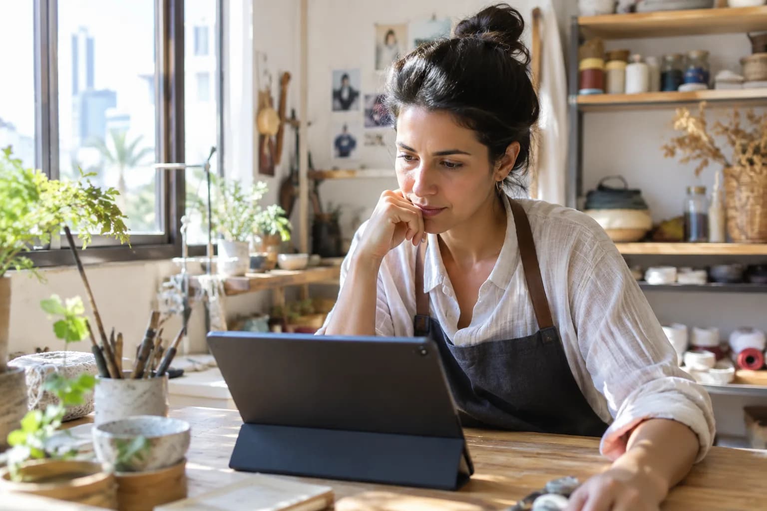 A small business owner in Israel writing a marketing video script with the help of artificial intelligence.