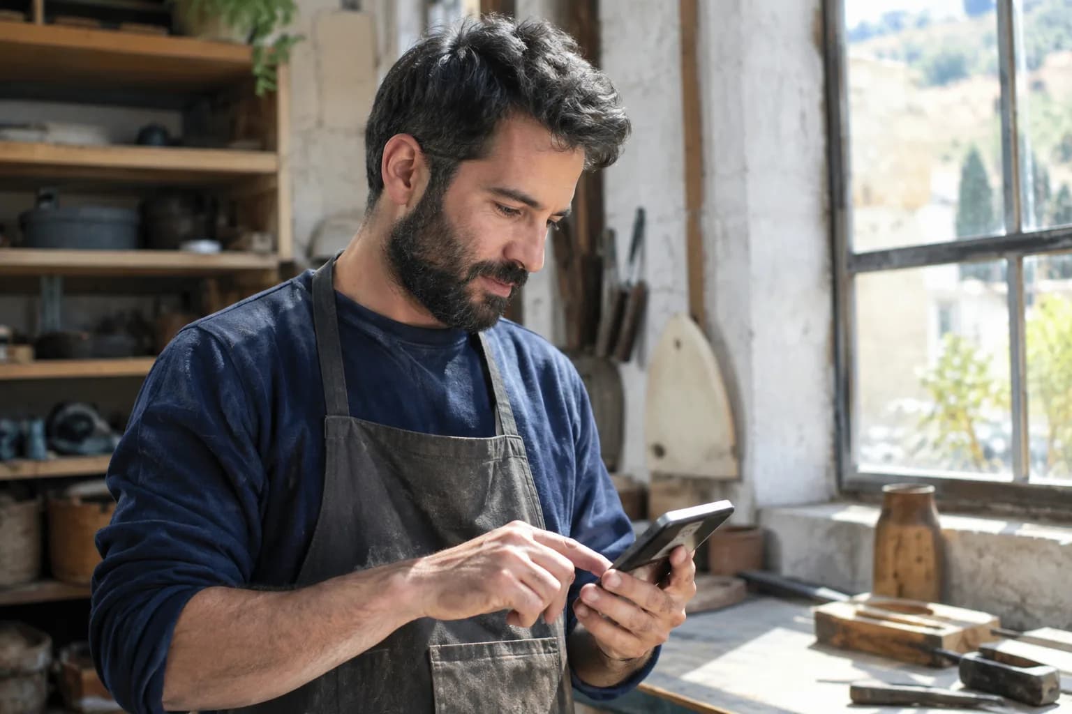 A small business owner examines the results of a video marketing campaign on a smartphone.