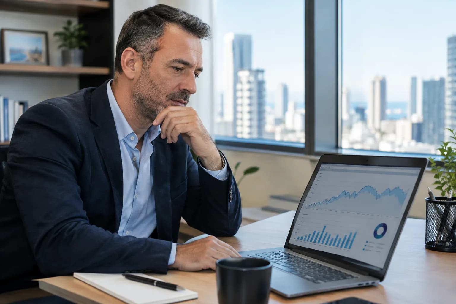 Insurance agent in an office planning a video marketing strategy using data analysis.