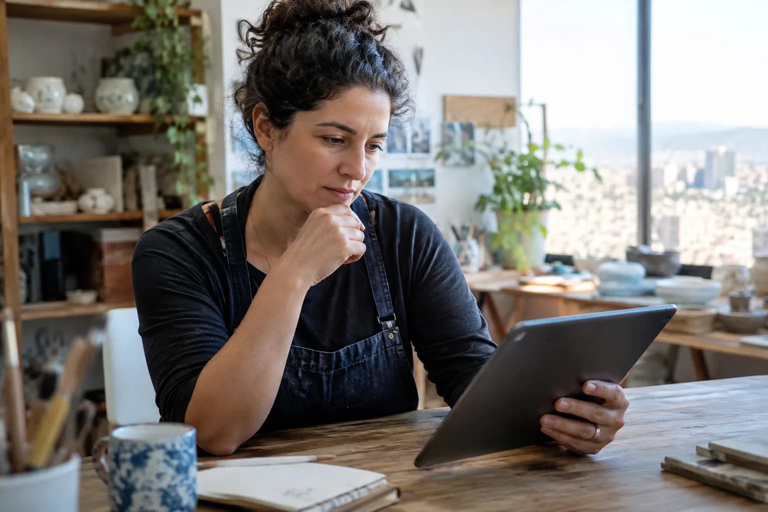 A small business owner reviews a marketing video script on a tablet in his workspace.