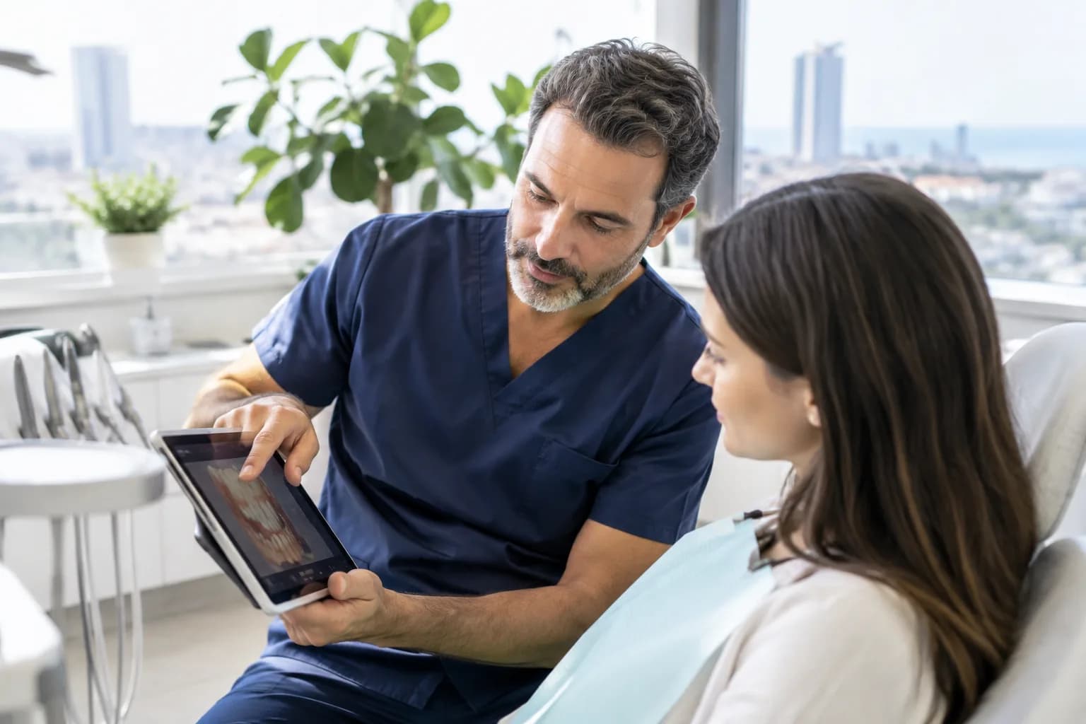 A dentist explains a dental procedure to a patient using a tablet in a modern clinic.