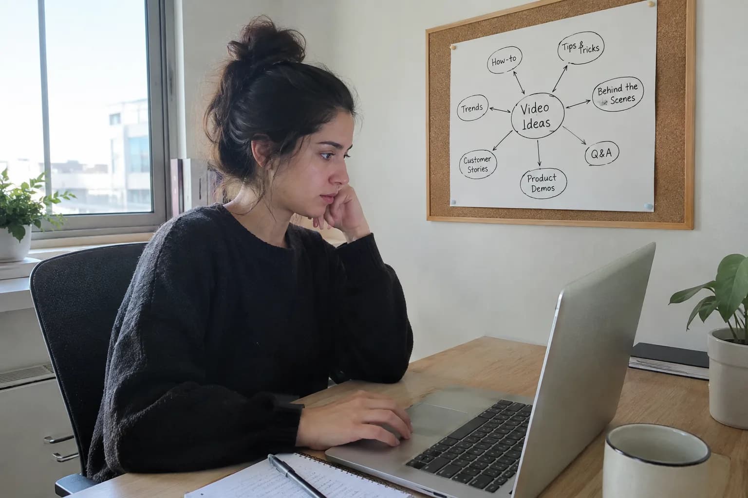 A small business owner plans her video content strategy using content pillars on a corkboard in her office.