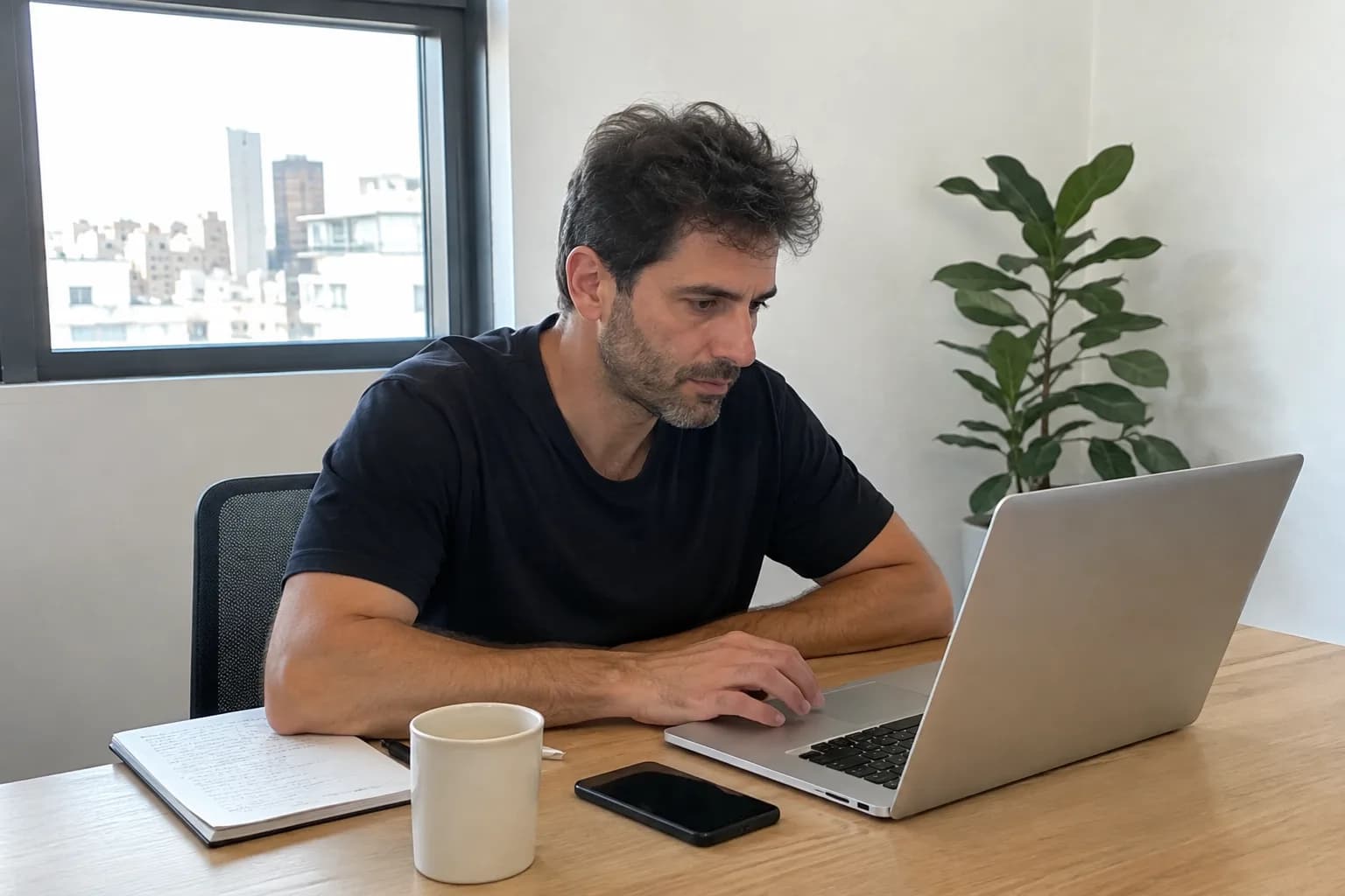 A small business owner sits in his office, planning a Reels strategy for his company.